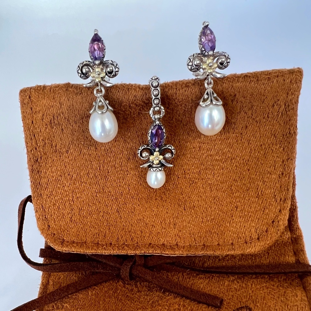 Barbara Bixby Fleur-de-lis Amethyst and Pearl charm w/matching earrings